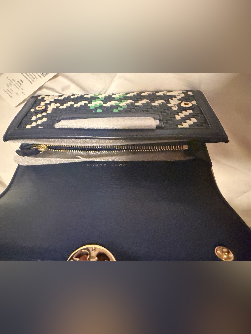 NWT Tory Burch Tote and Wallet Set duet woven in Navy, White & Green Plaid - Picture 10 of 10